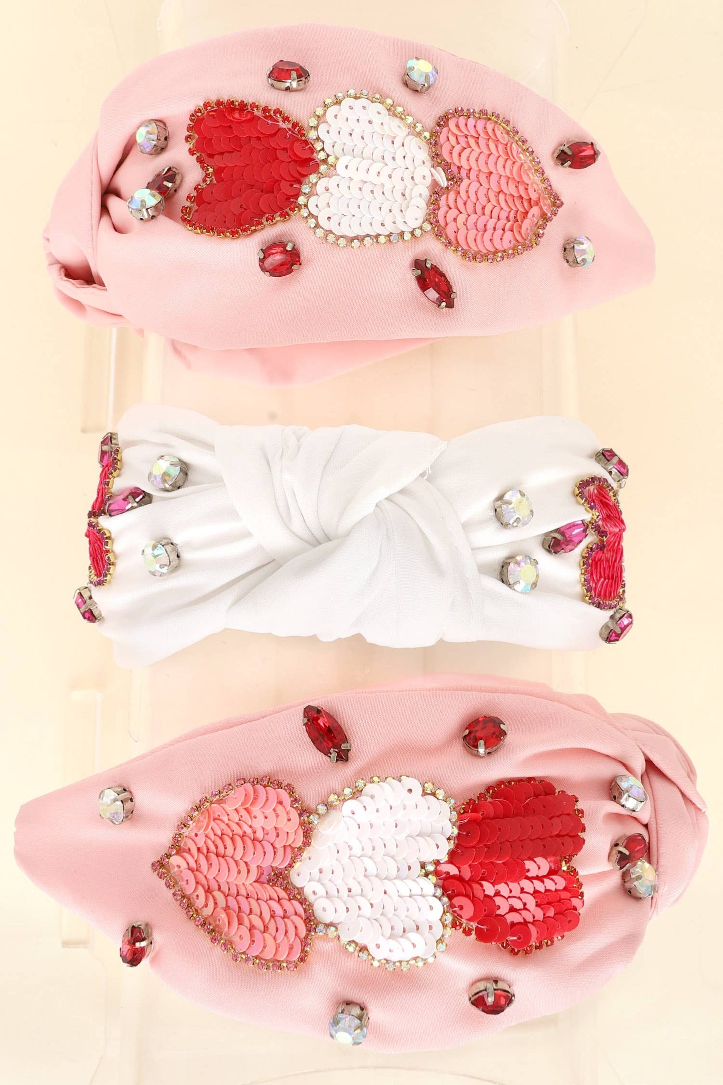 Valentines Day Sequin Hearts Jeweled Headband: White