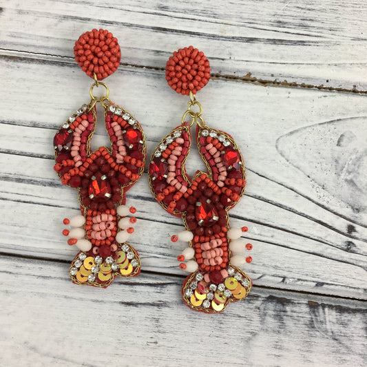 Beaded and Jeweled Crawfish Earrings
