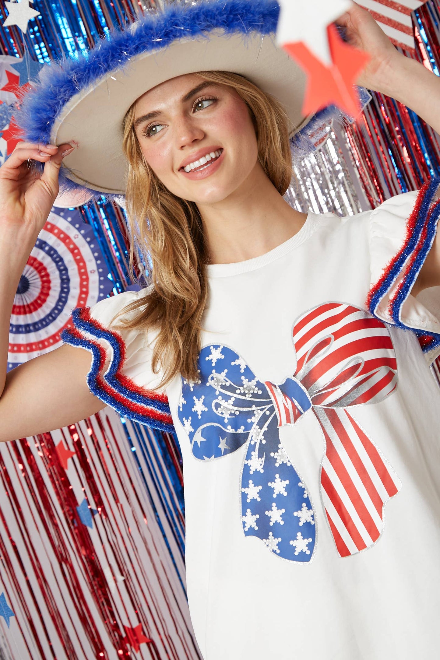 Americana Ribbon Print Shoulder Ruffle Top