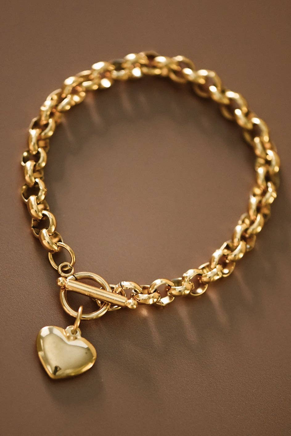 18K Gold PVD Plated Stainless Steel Link Heart Charm Bracelet - 7528: S0OX3T7528