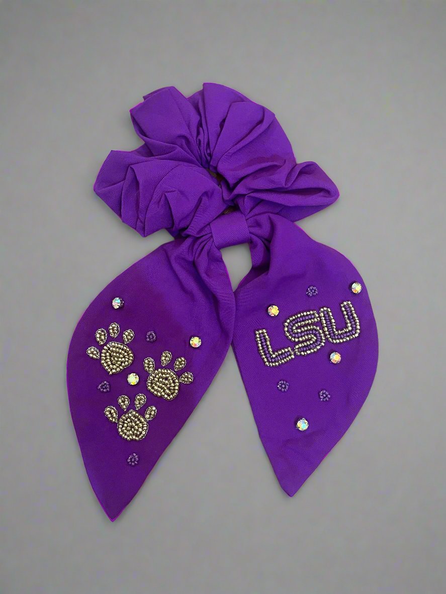 Purple LSU Beaded Rhinestone Scrunchie