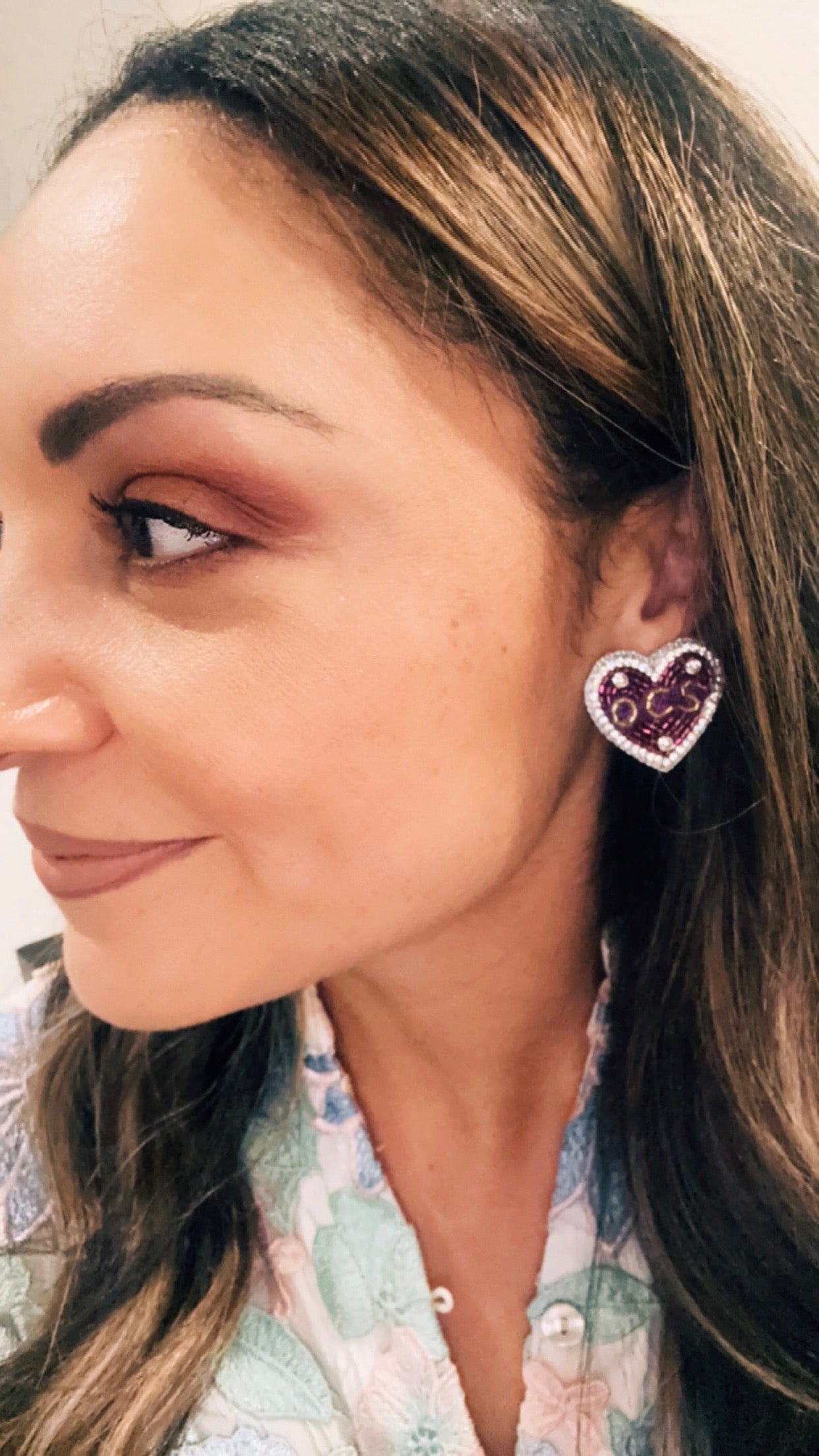 OCS Heart Shaped Beaded and Jeweled Stud Earrings
