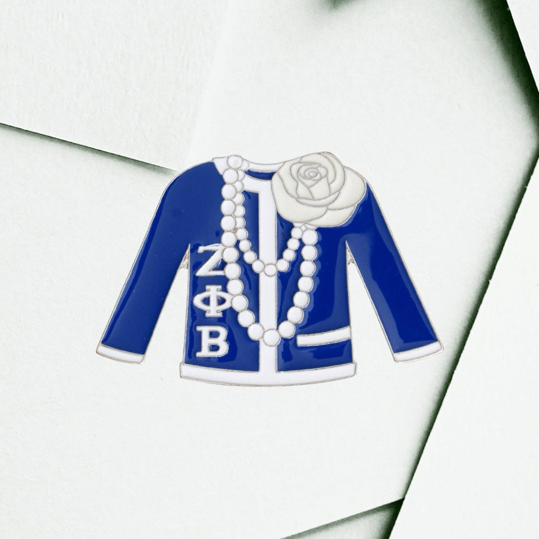 Zeta Phi Beta Blue White Sweater Sorority Pin: Blue and White / Rhodium / 2.15 x 3.25 inches