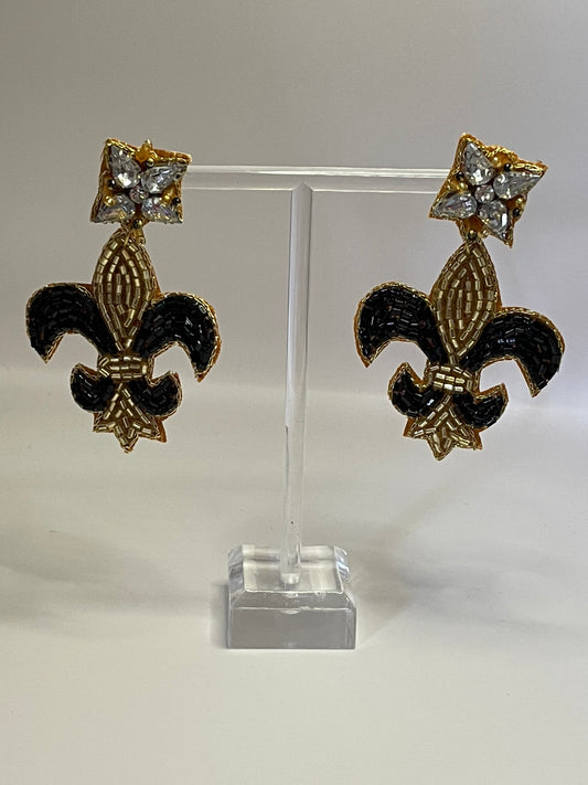 Sophisticated Smaller Black and Gold Beaded Dangle Fleur de Lis Earrings