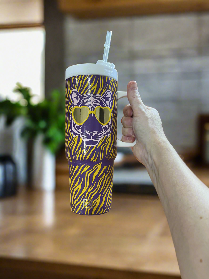 To-Go Handle Tumbler Tiger Stripes Purple and Yellow