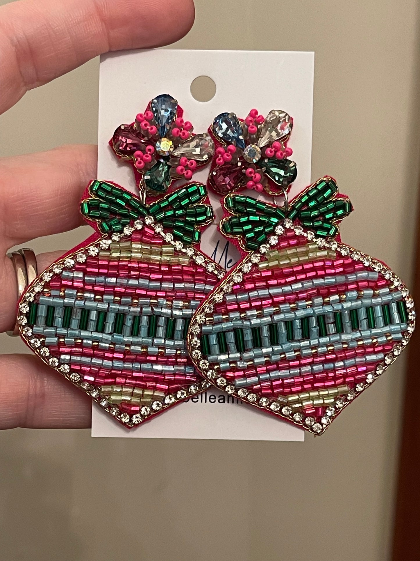 Festive Pink, Green and Blue Christmas Ornament Earrings