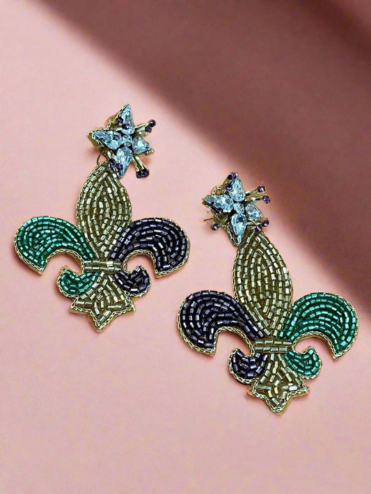 Gorgeous Purple, Green and Gold Mardi Gras Beaded Fleur de Lis Earrings