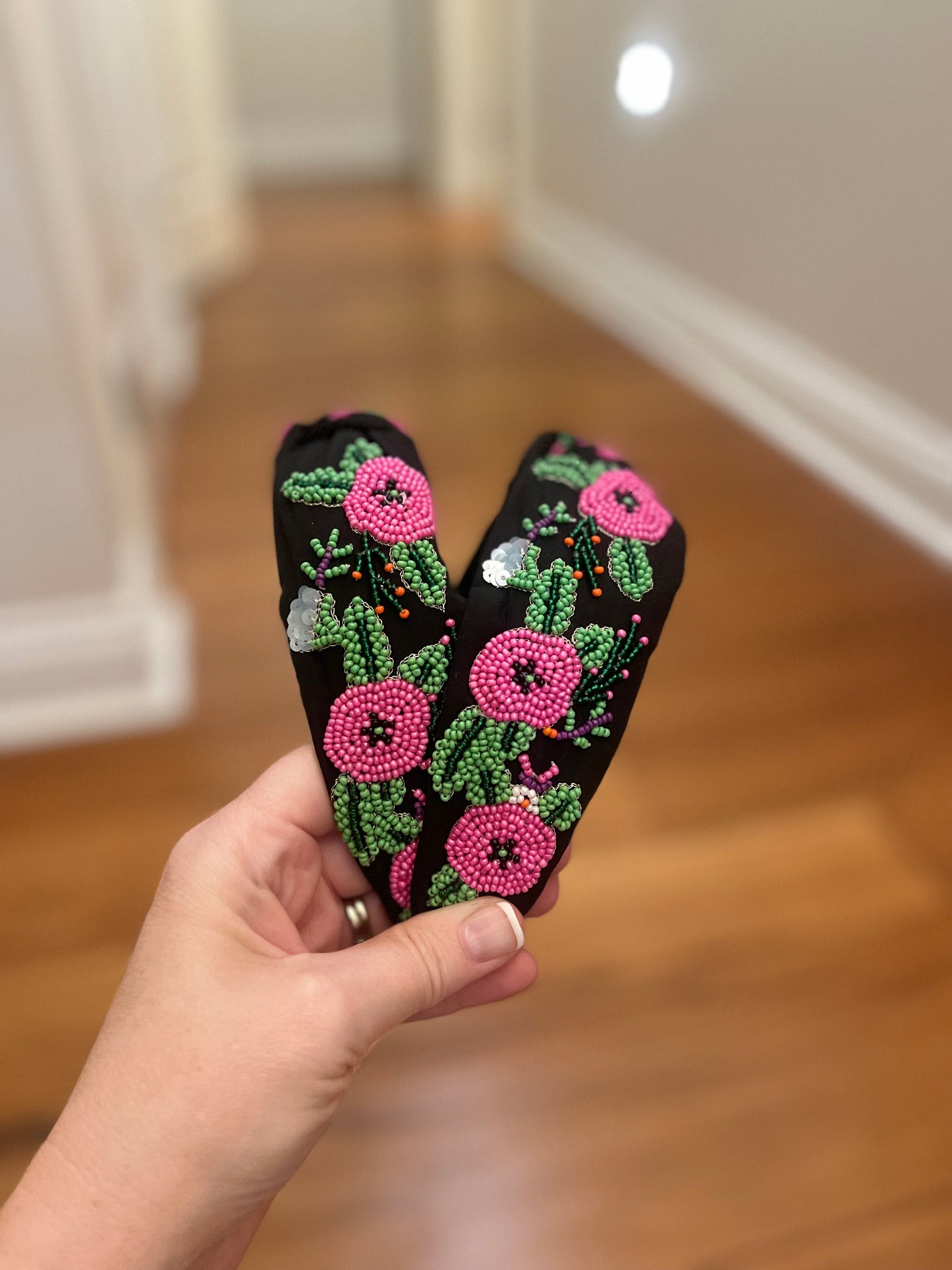 Black Headband with Hot Pink Flowers