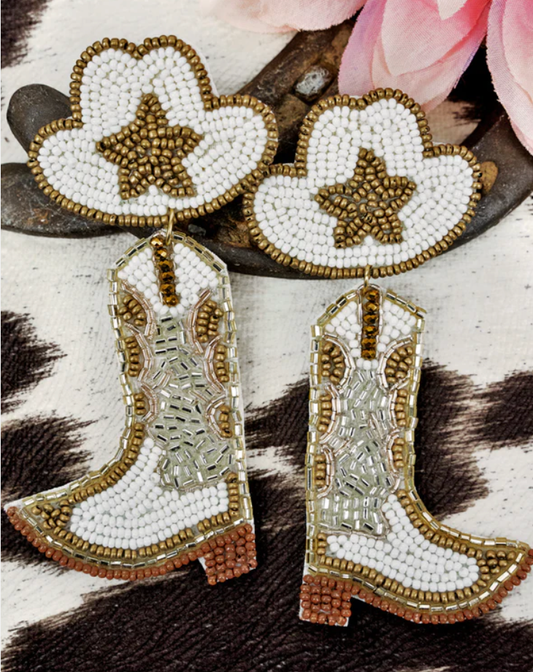 Rodeo White Cowgirl Hat & Boot Seed Bead Earrings