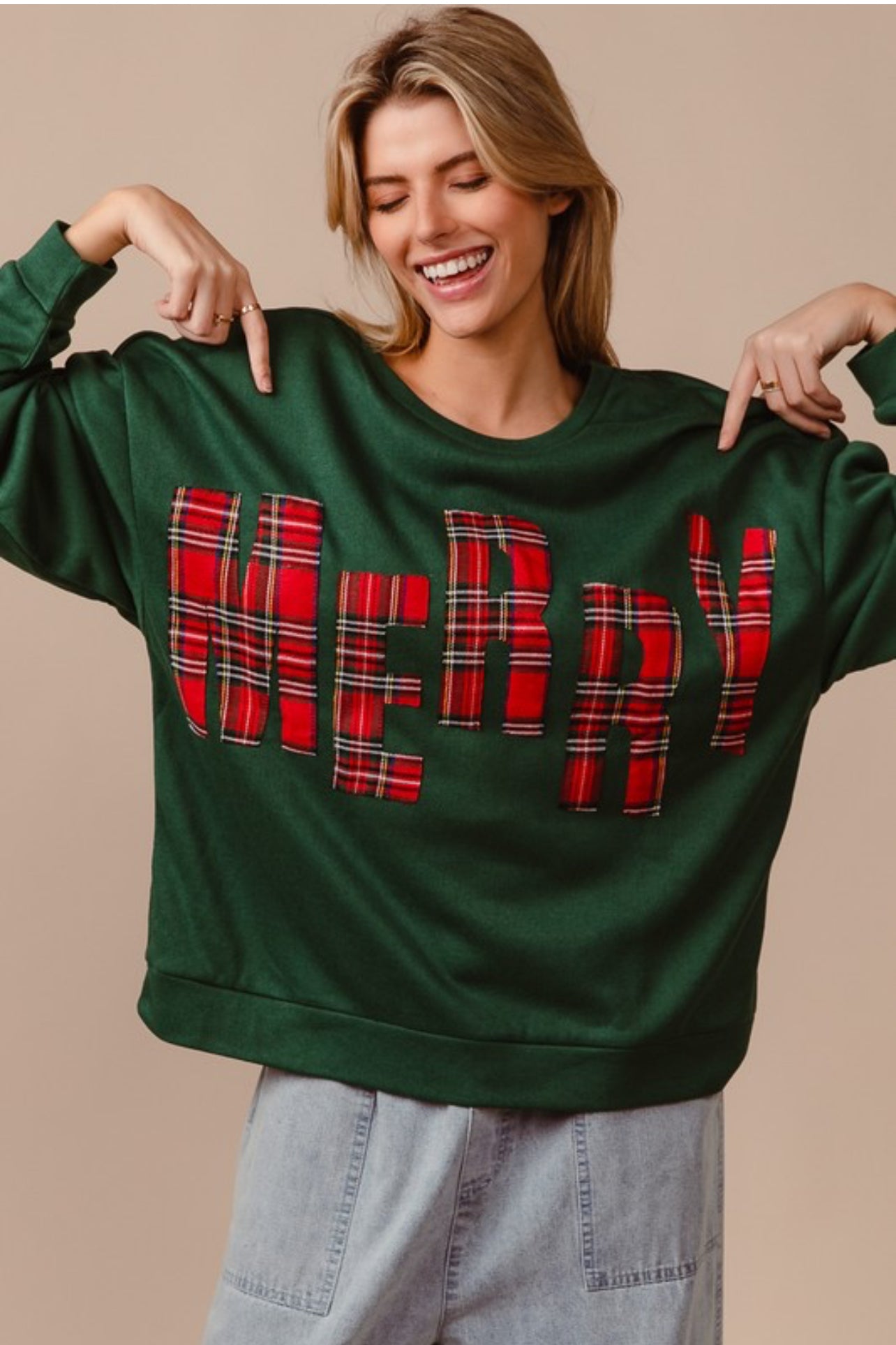 Green Merry Plaid Lettered Christmas Long Sleeved Pullover