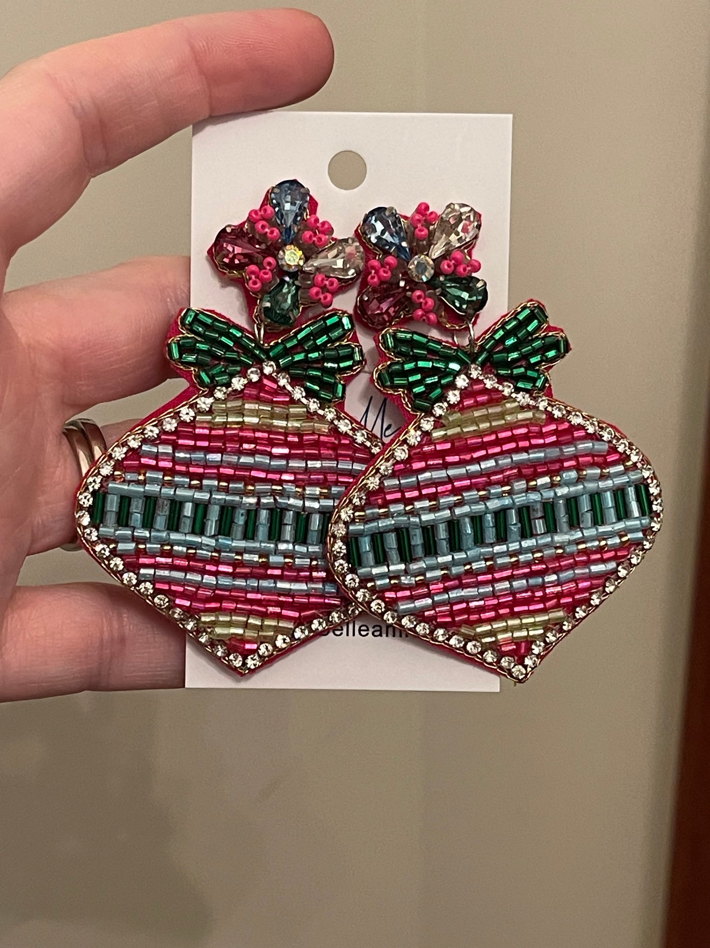 Festive Pink, Green and Blue Christmas Ornament Earrings