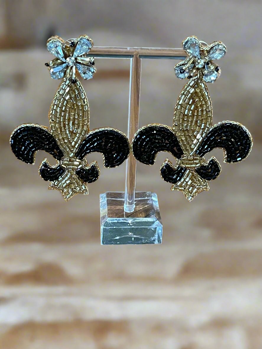 Gorgeous Black and Gold Beaded Fleur de Lis Earrings