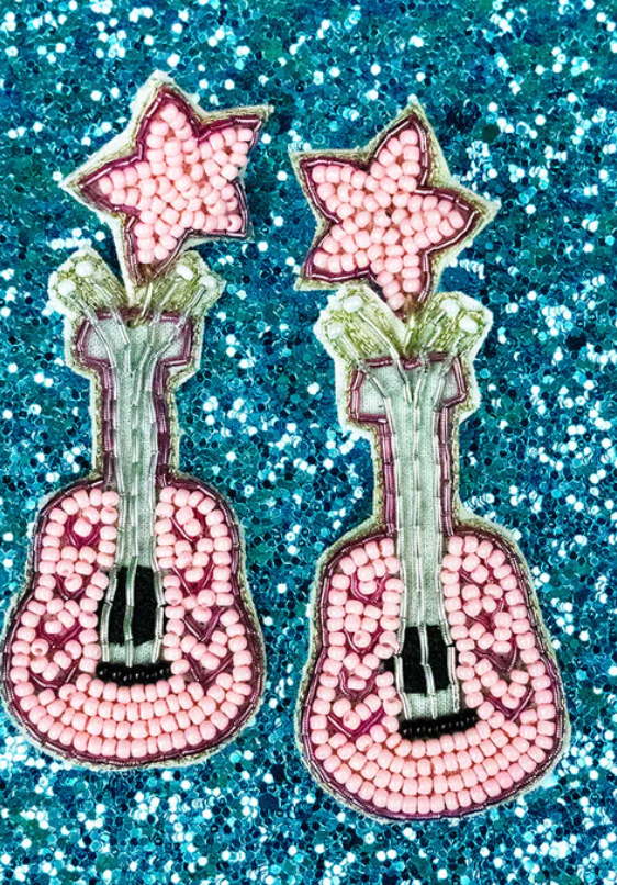 Pink Stars Guitar Seed Bead Earrings