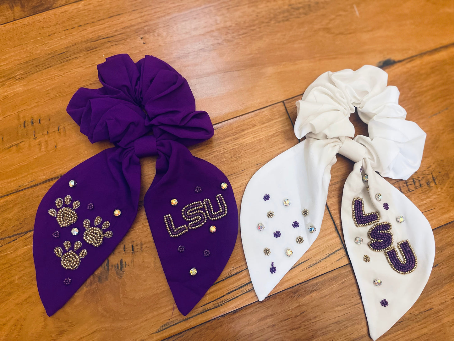 Purple LSU Beaded Rhinestone Scrunchie