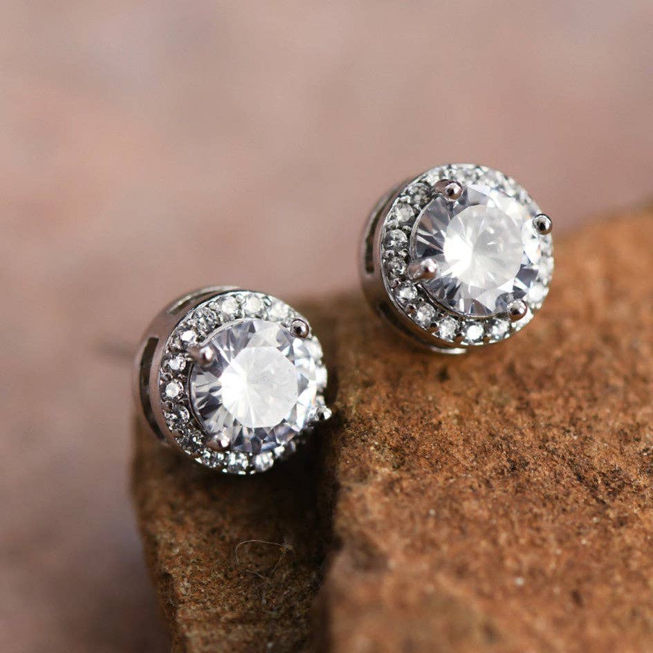 Dainty Round Studs with Clear Glass Crystals - 4854: S0OX3T4854 Silver/Round