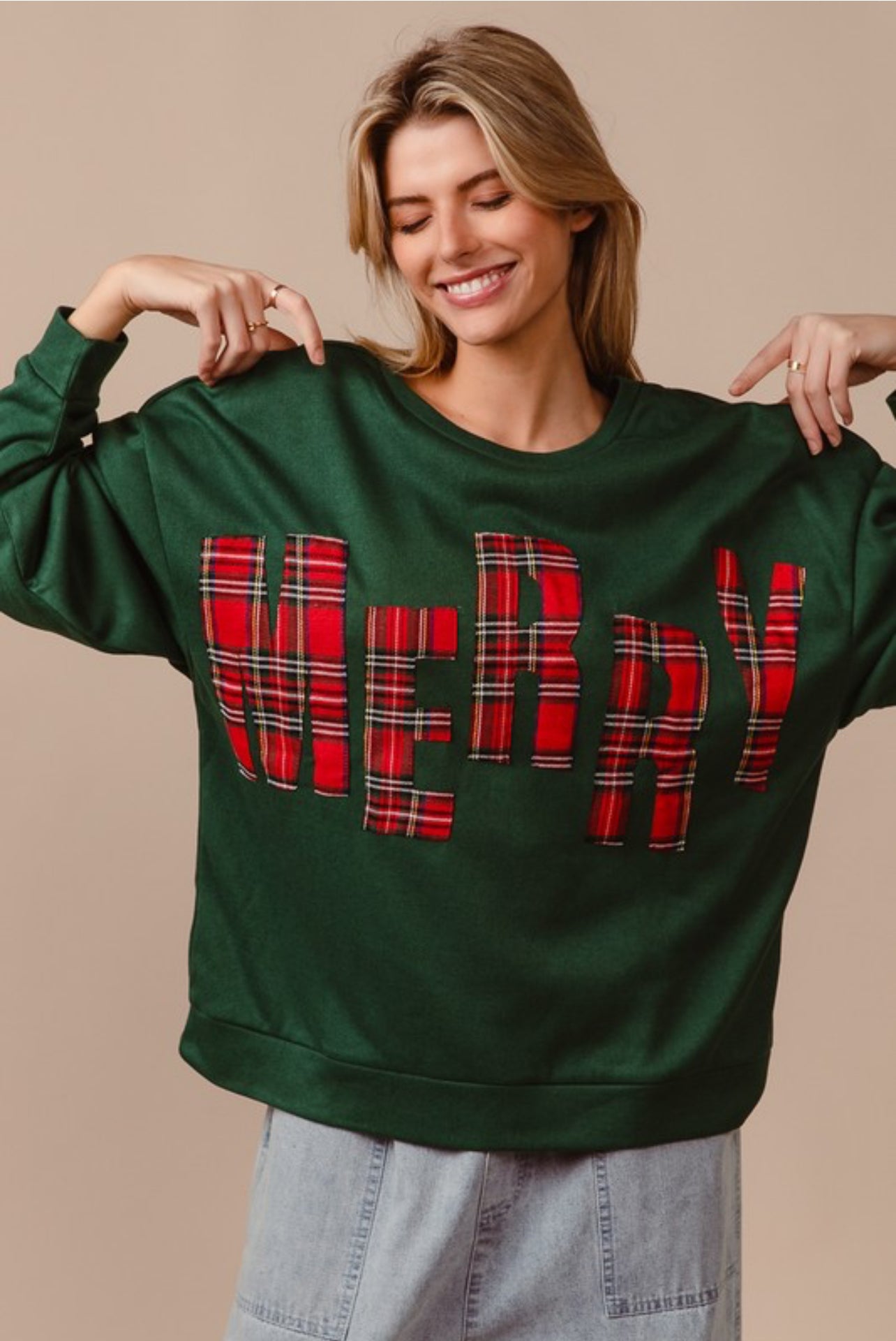 Green Merry Plaid Lettered Christmas Long Sleeved Pullover