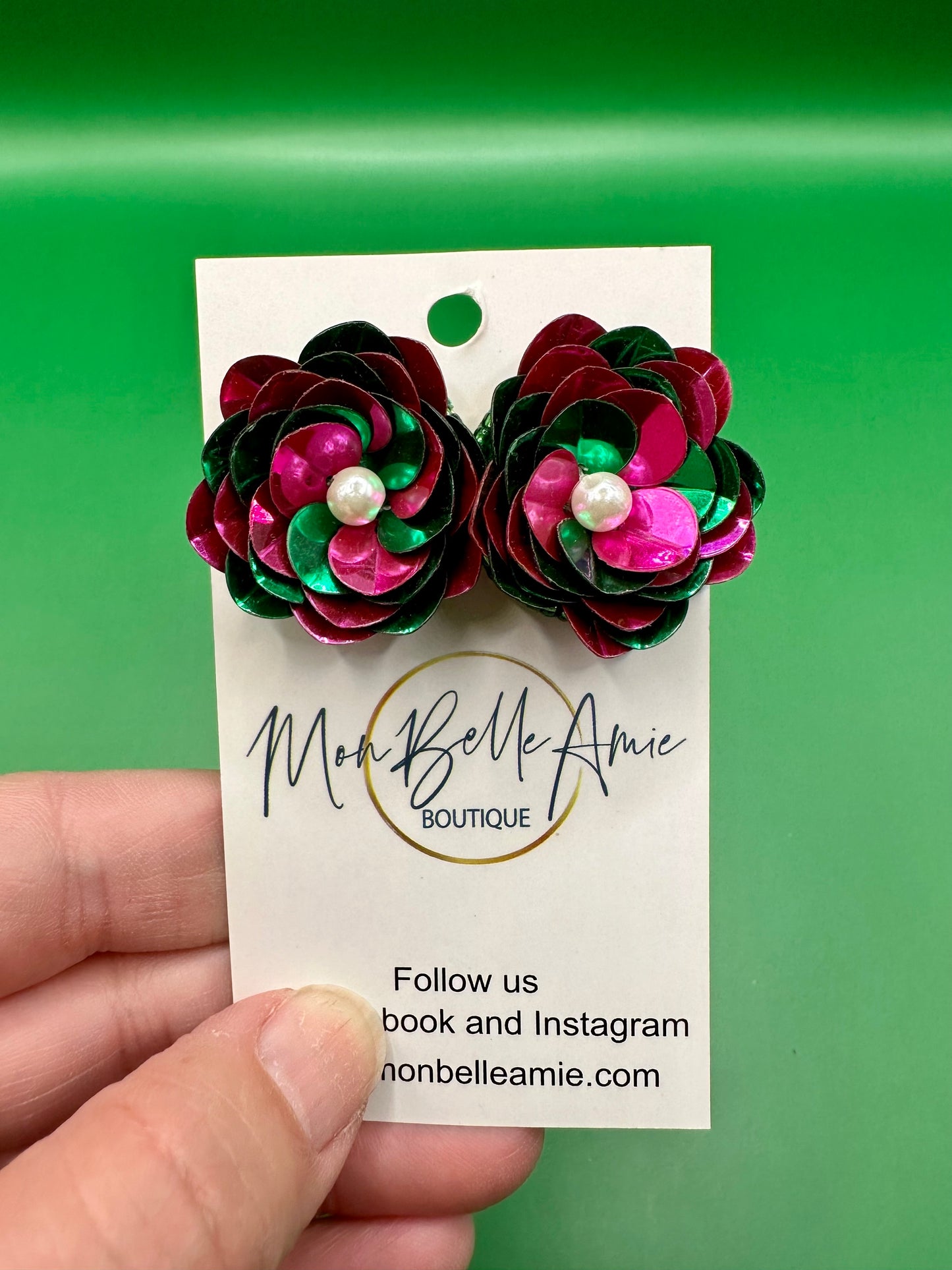 Pink and Green Sequin Flower Stud Earrings