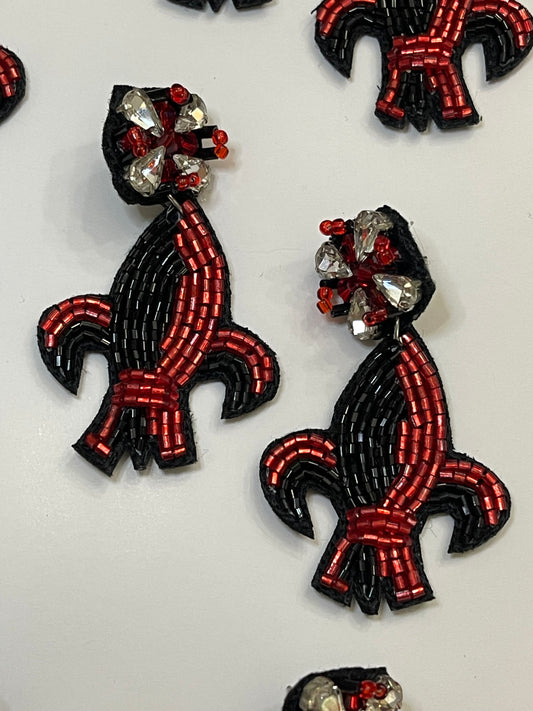 Red and Black Fleur de Lis Beaded Earrings