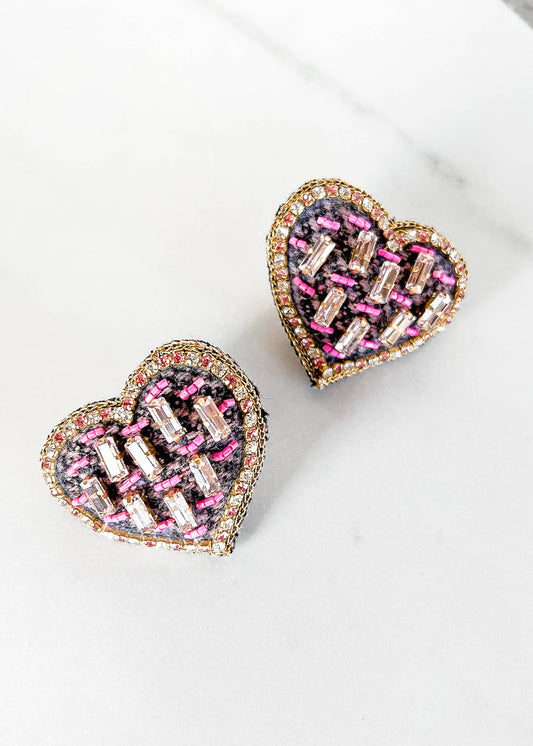 Navy Tweed Heart Earrings