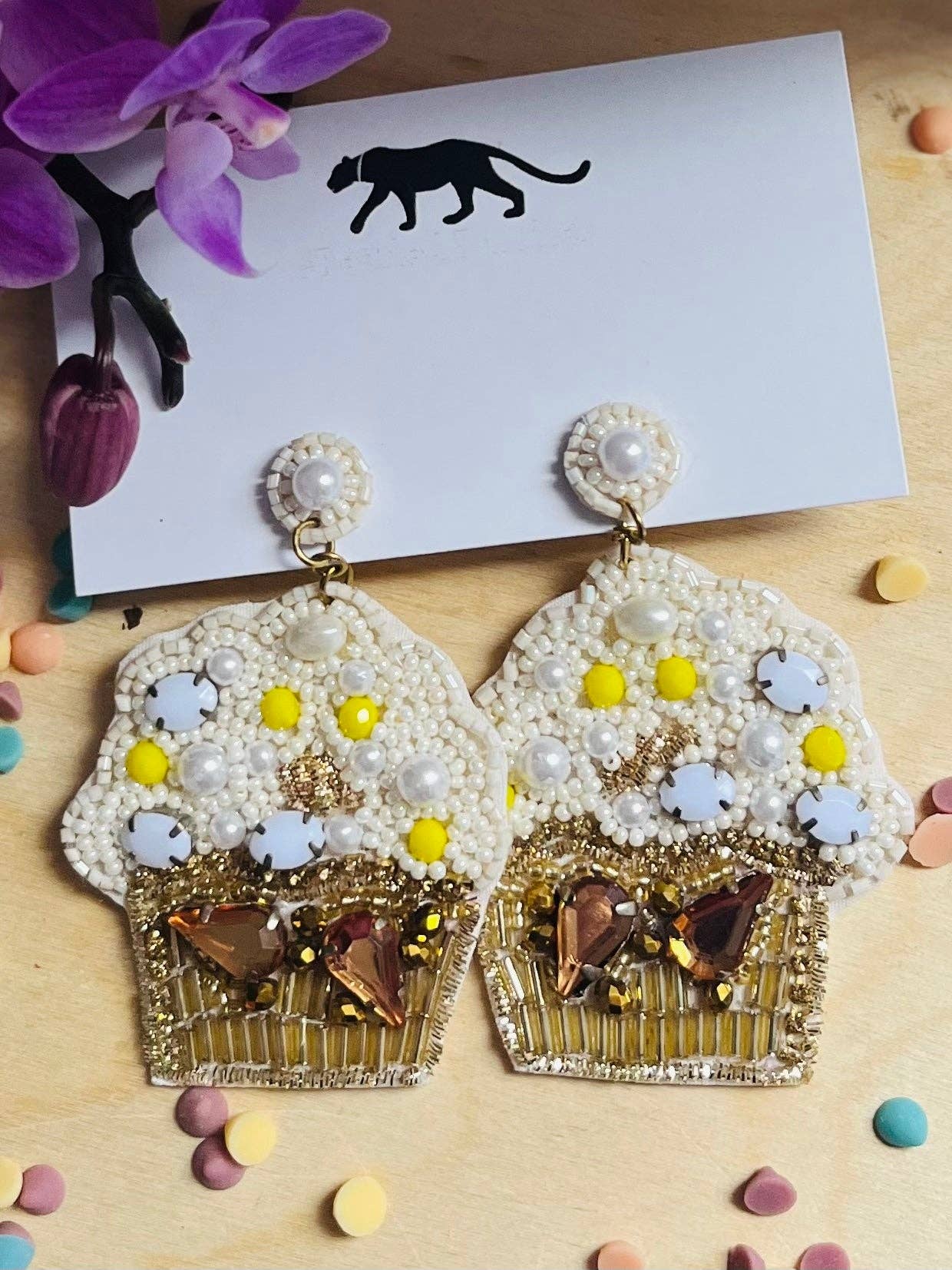 Cupcake Beaded Statement Earrings Birthday Food Party