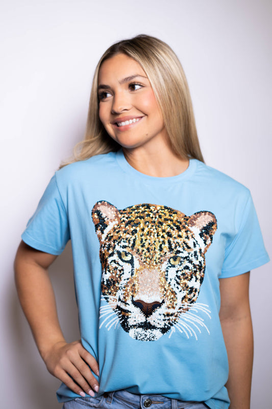 Women's Light Blue Sequin Jaguar Tee