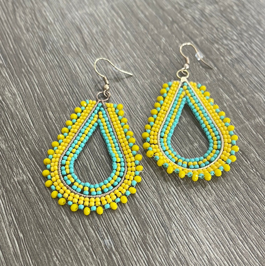 Beaded Yellow and Blue Teardrop Earrings