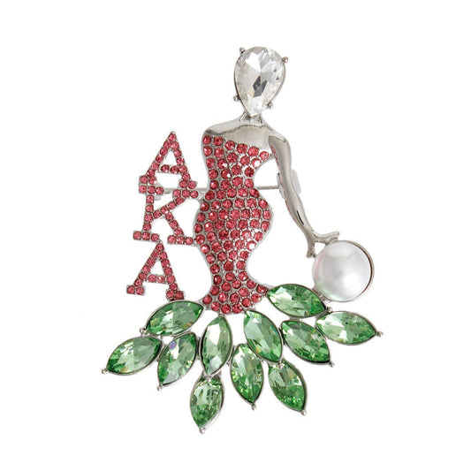 AKA Pink Green Woman Sorority Pin: Pink and Green / Rhodium / 3.25 x 2.25 inches