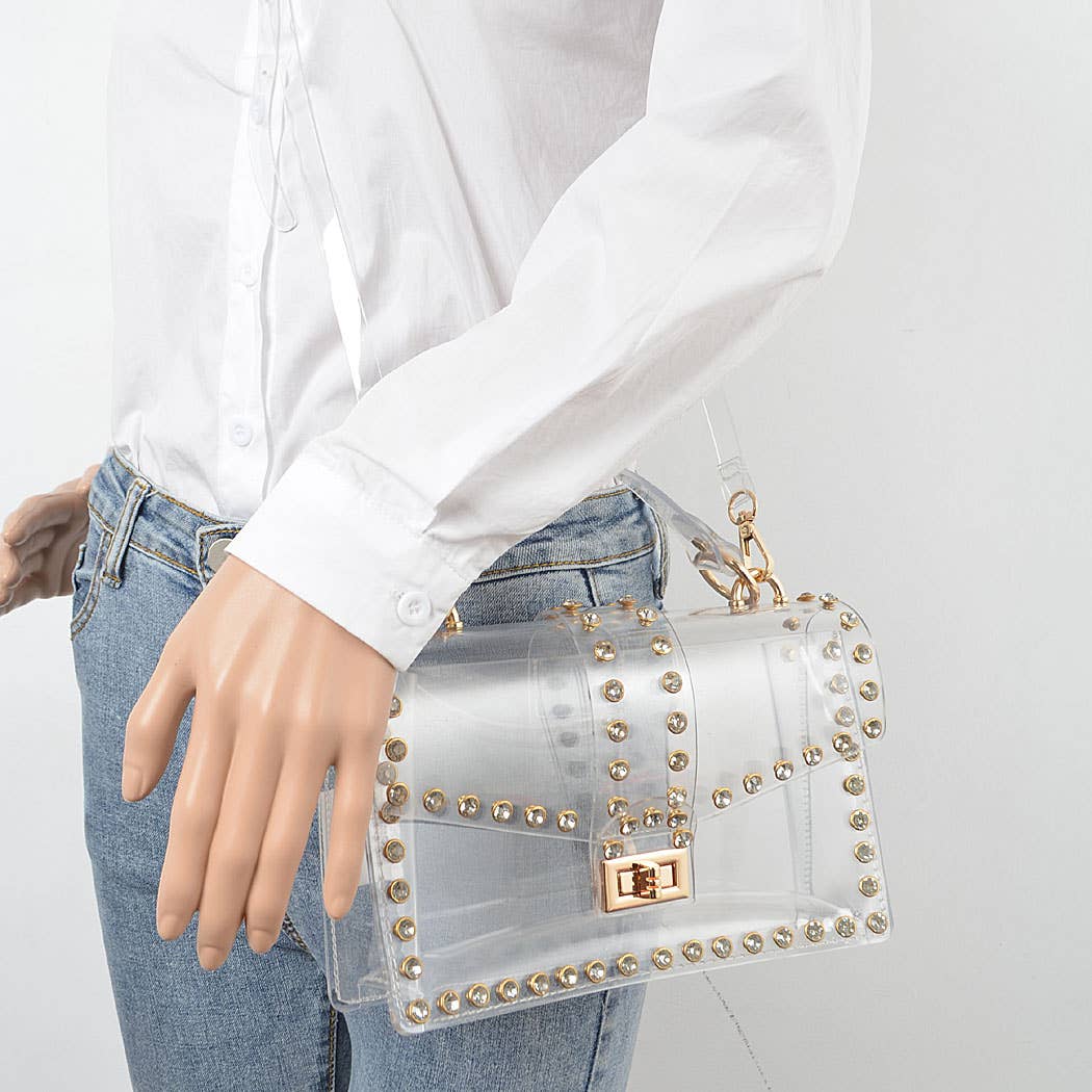 Glittering Rhinestone Transparent Crossbody Purse: Clear Gold