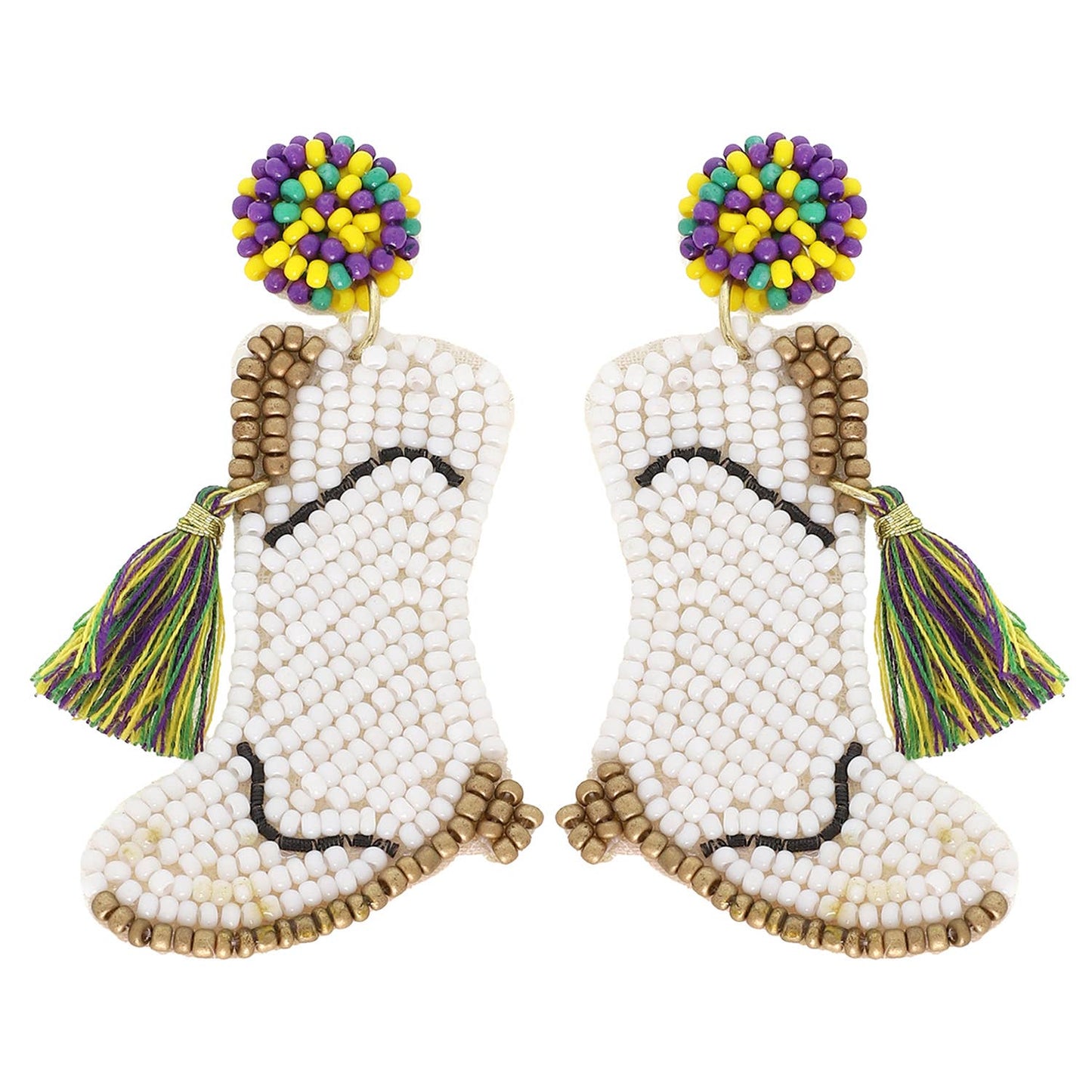 Mardi Gras Beaded Tassel Cowboy Boots Earrings