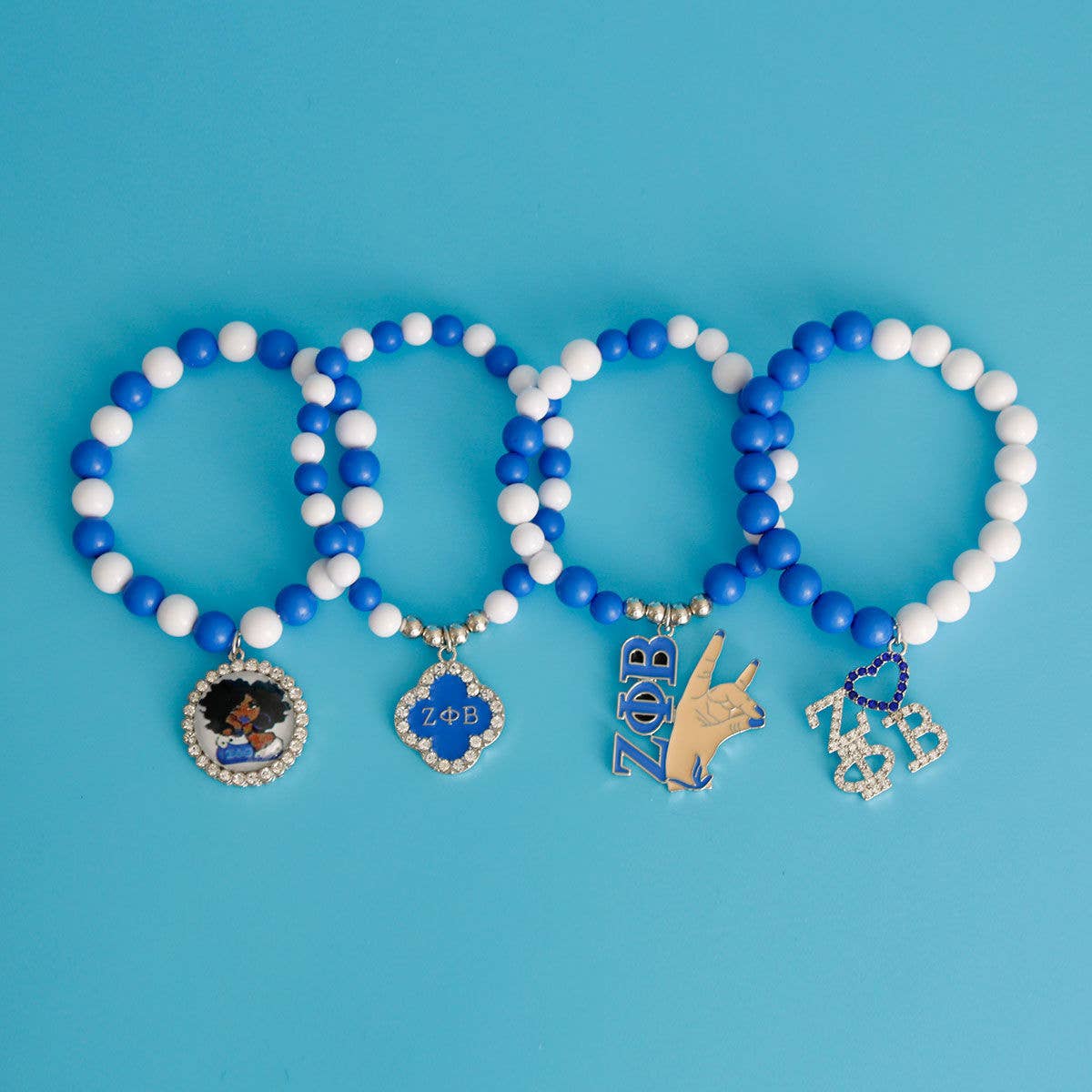 Zeta Phi Beta Blue White Bead Sorority Set: Blue and White / Rhodium / Stretch to Fit