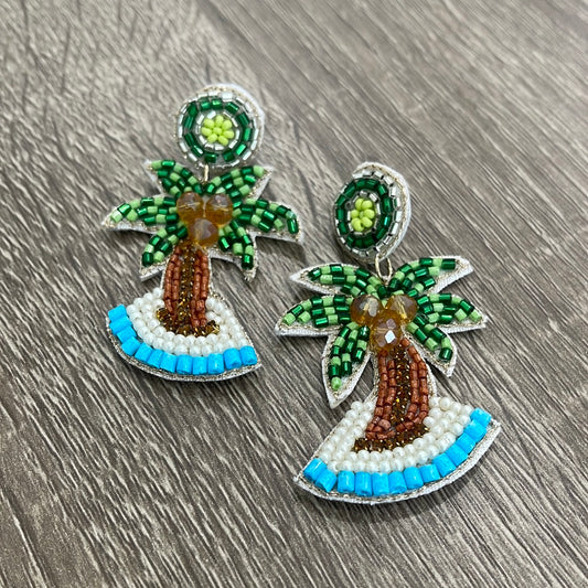 Palm Tree Seed Beaded Dangle Earrings