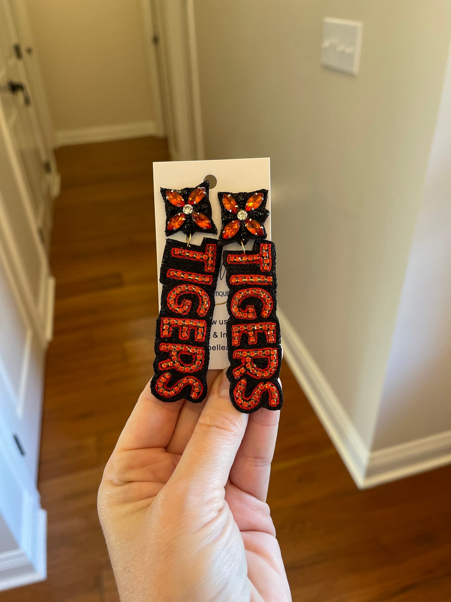 Stitched and Jeweled Tigers Earrings - Black/Orange