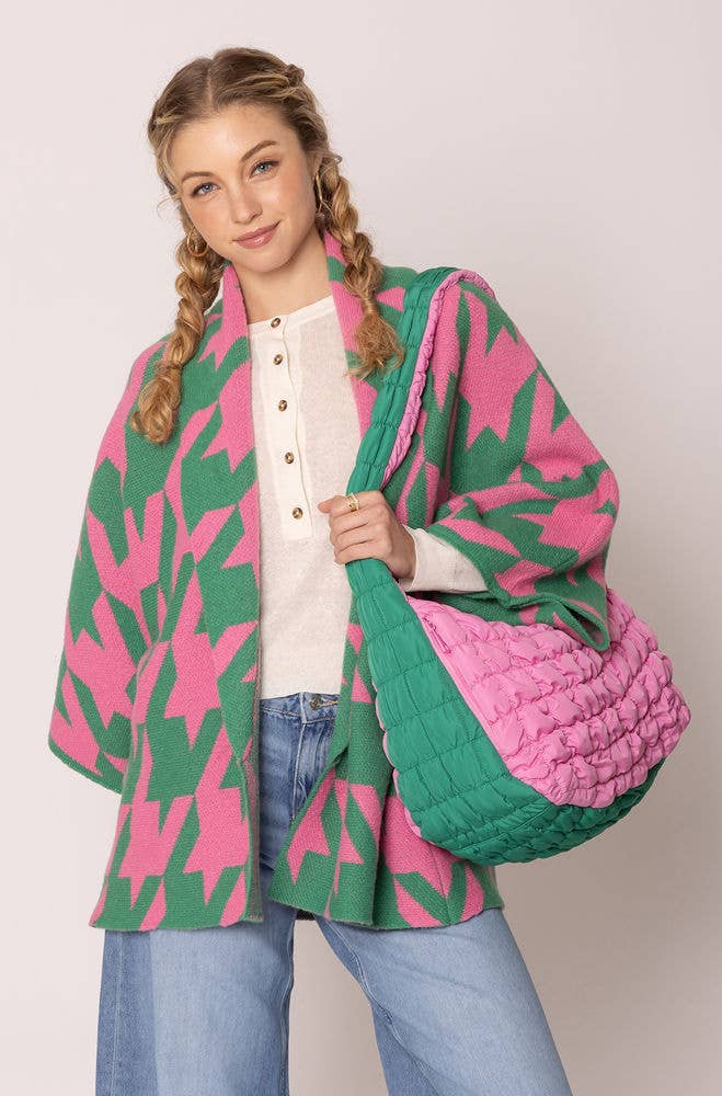 AKA Sorority Houndstooth Knit Pink Green Cardigan: Pink and Green / Multi Tone / 29.5 x 28.7 inches