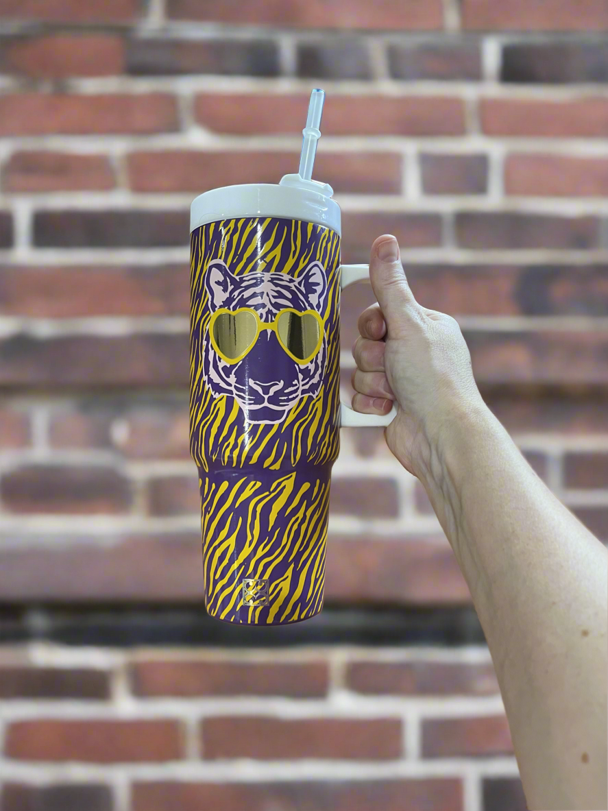 To-Go Handle Tumbler Tiger Stripes Purple and Yellow