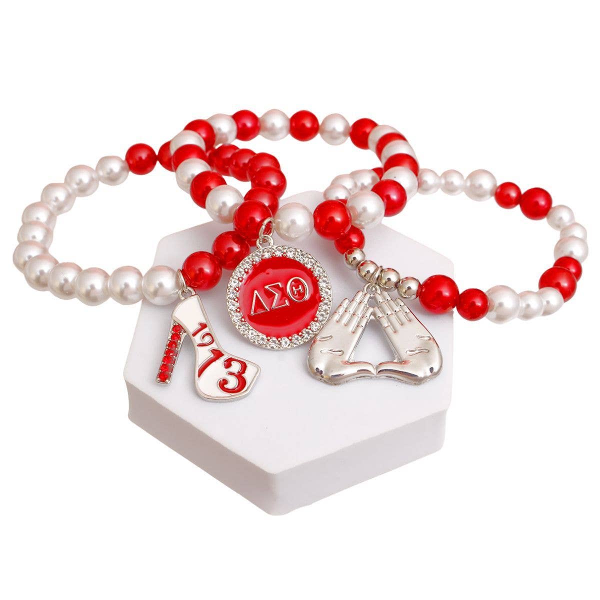 Delta Sigma Theta ΔΣΘ  DST Pearl Bracelet Set: Red and White / Rhodium / Stretch to Fit