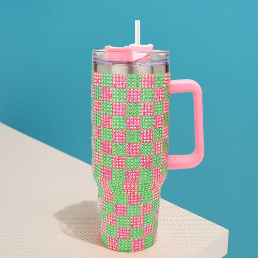 Pink and Green Bling Studded Checkered Pattern 40oz Stainless Tumbler