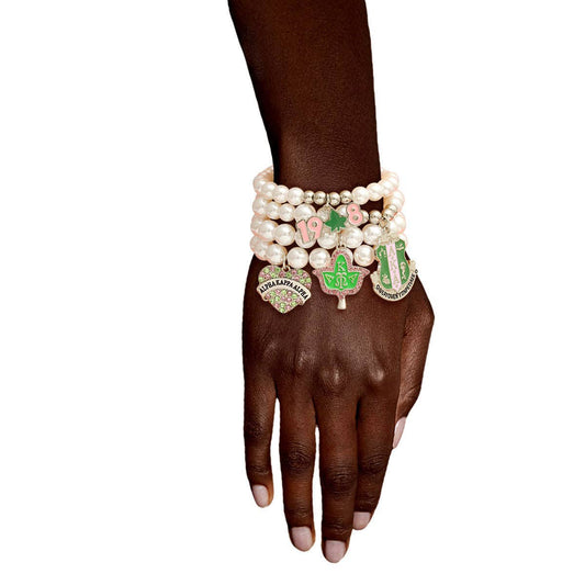 AKA  Alpha Kappa Alpha Sorority Inspired Charm Pearl Bracelets: White / Rhodium / Stretch to Fit