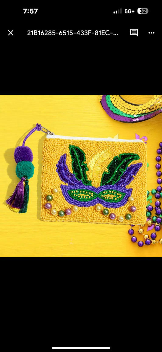 Mardi Gras Mask Seed Bead Coin Purse/Pouch