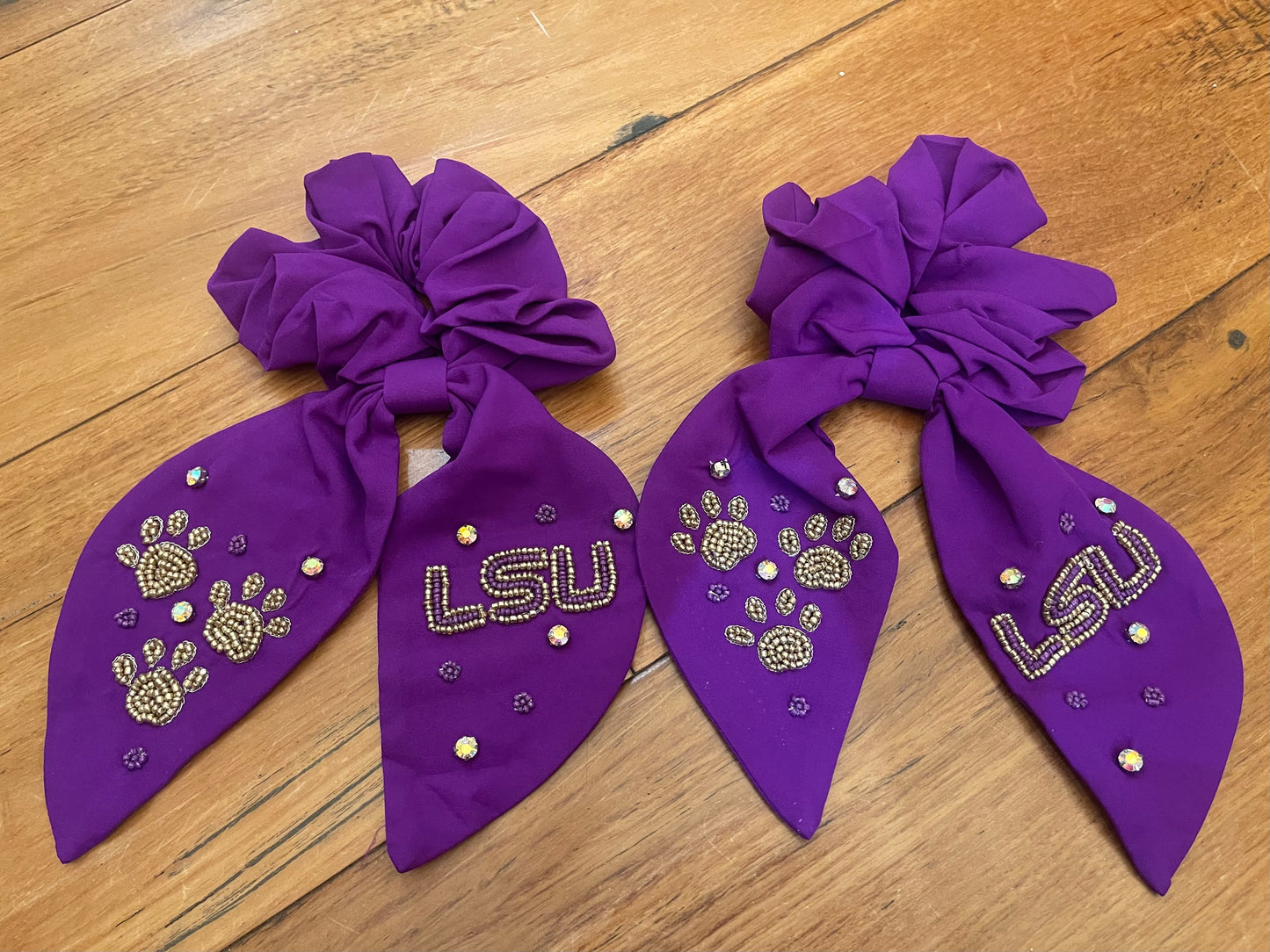 Purple LSU Beaded Rhinestone Scrunchie