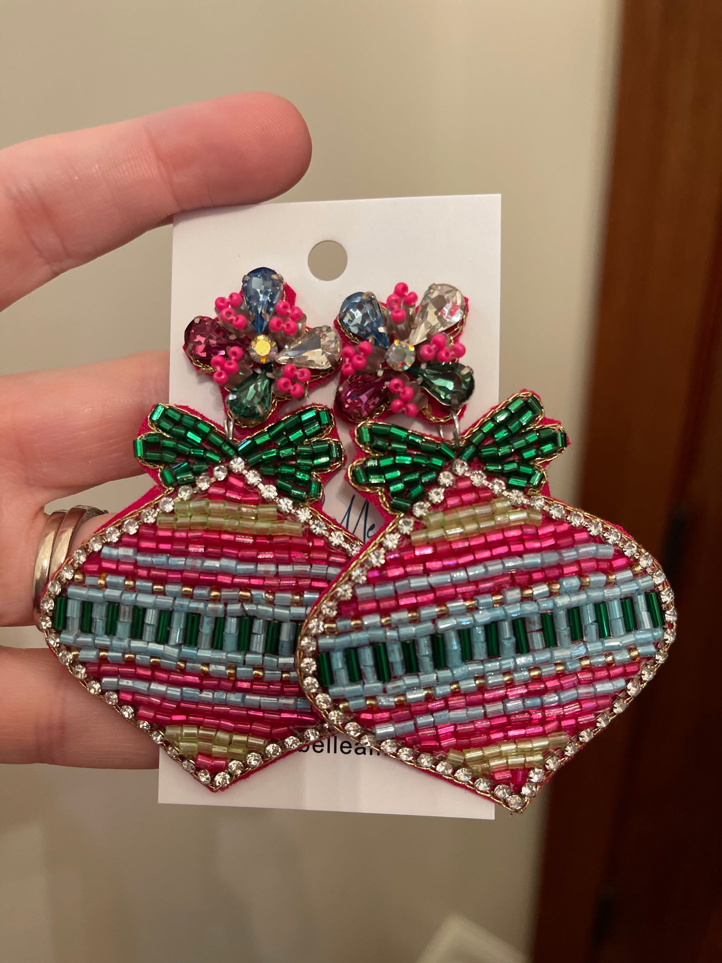 Festive Pink, Green and Blue Christmas Ornament Earrings