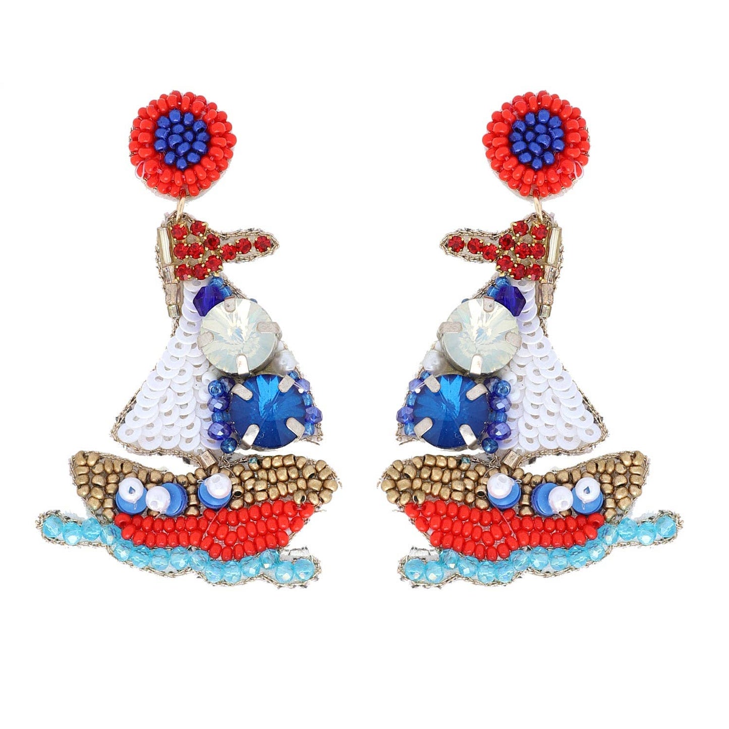 Jeweled & Beaded Nautical Sailboat Dangle Earrings