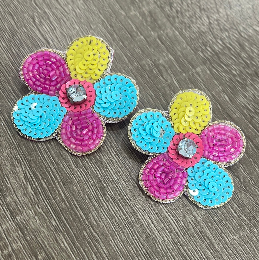 Pink, Yellow and Blue Sequin Flower Stud Earrings