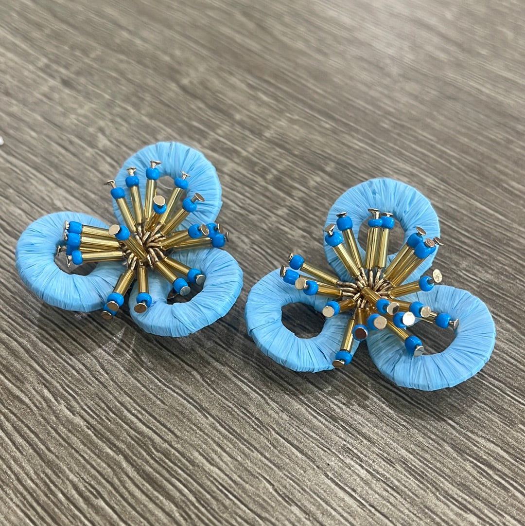 Light Blue Raffia Flower Stud Earrings