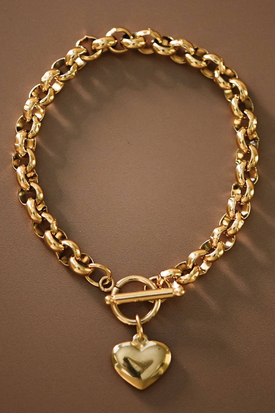 18K Gold PVD Plated Stainless Steel Link Heart Charm Bracelet - 7528: S0OX3T7528