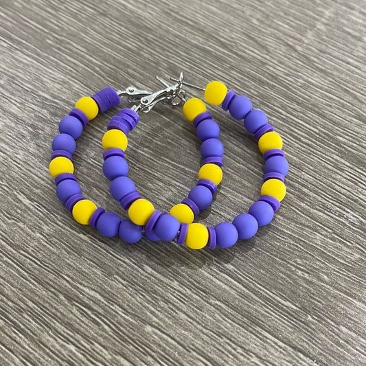 Purple and Yellow Round Bead Hoop Earrings