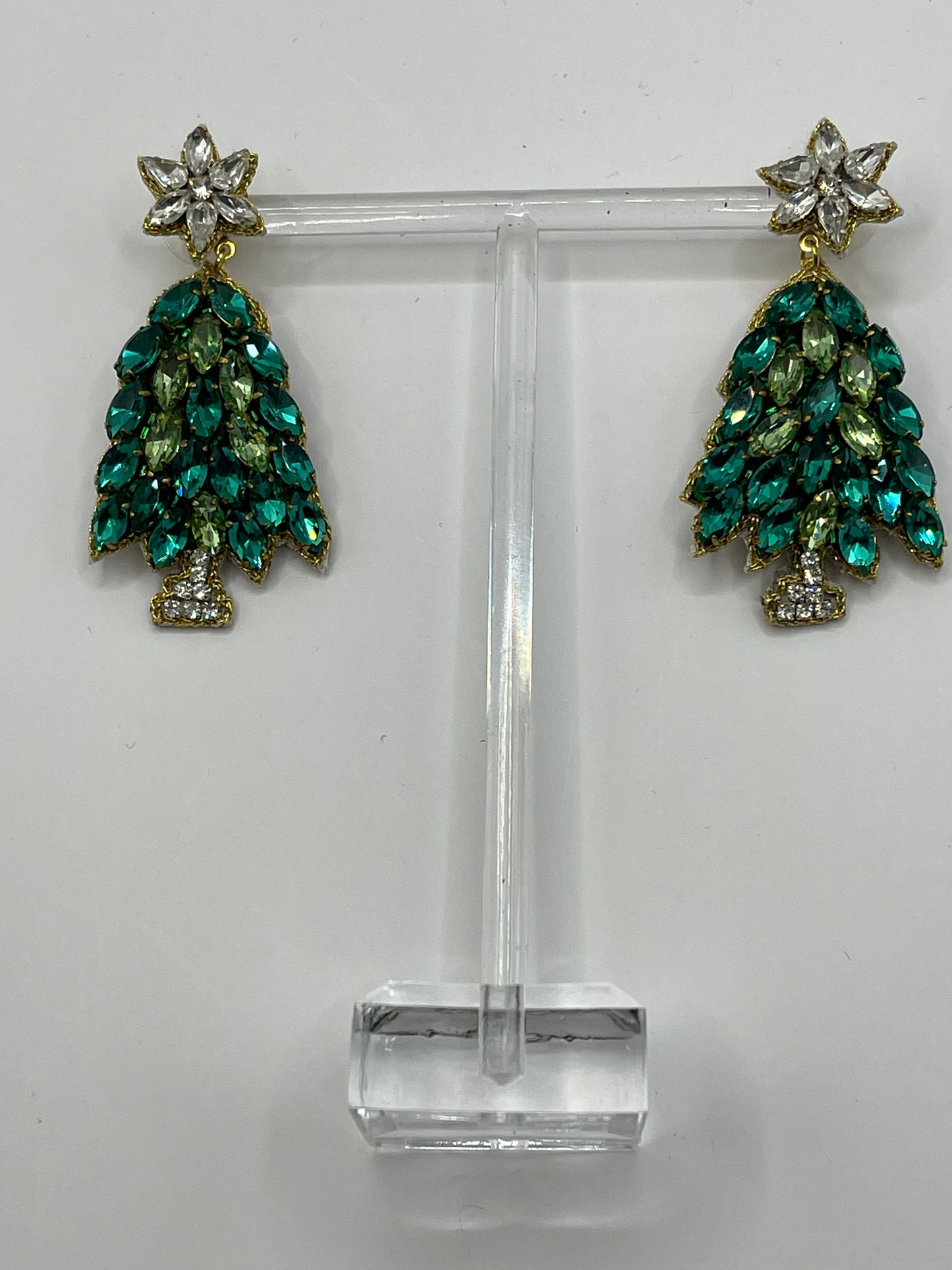 Jeweled Green Christmas Tree Dangle Earrings