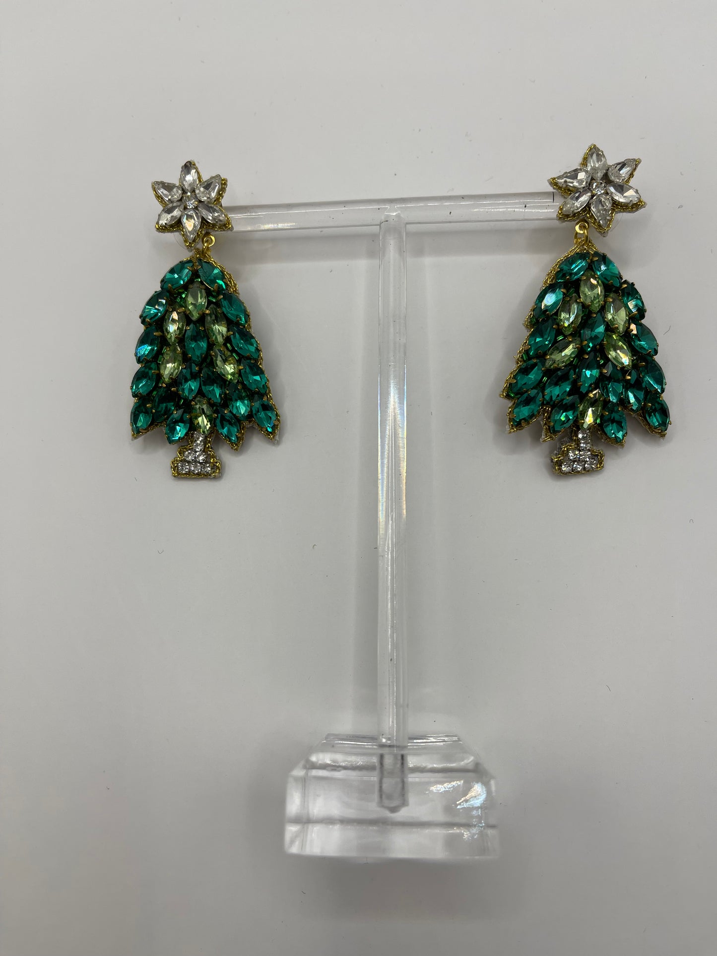 Jeweled Green Christmas Tree Dangle Earrings