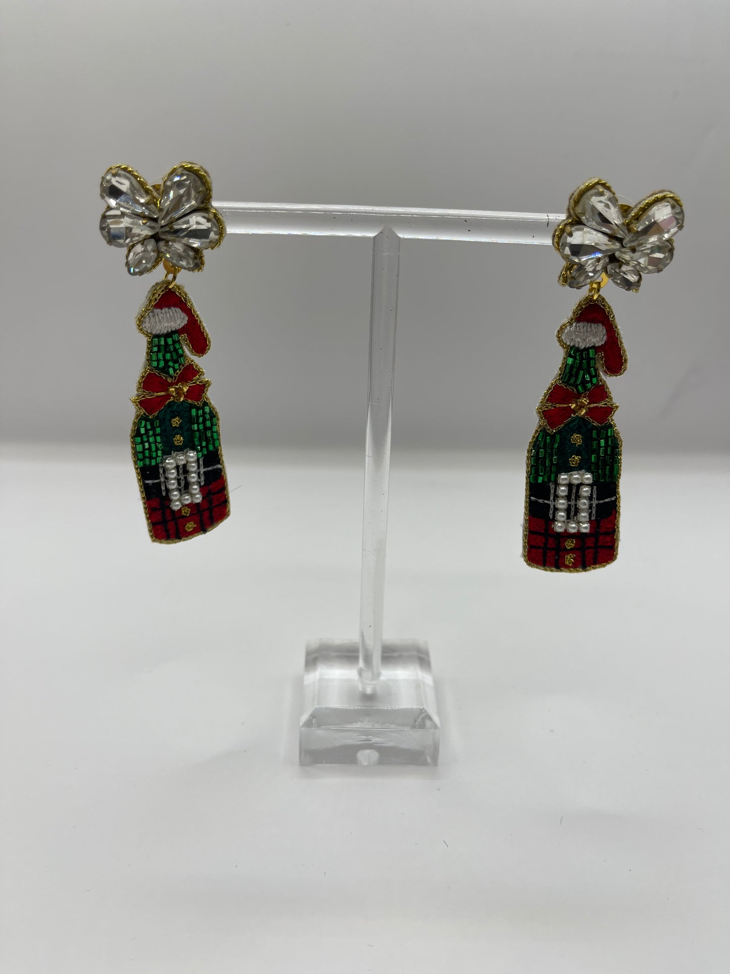 Festive Plaid Champagne Bottle Dangle Earrings