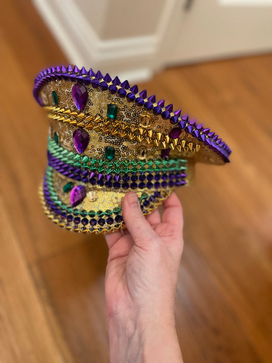 Gold Mardi Gras Captain Hat with Purple, Green and Gold Jewels