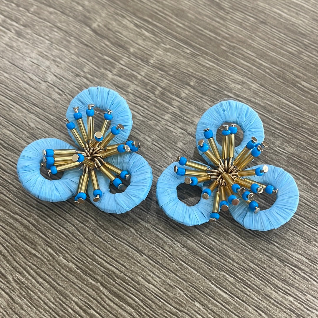 Light Blue Raffia Flower Stud Earrings